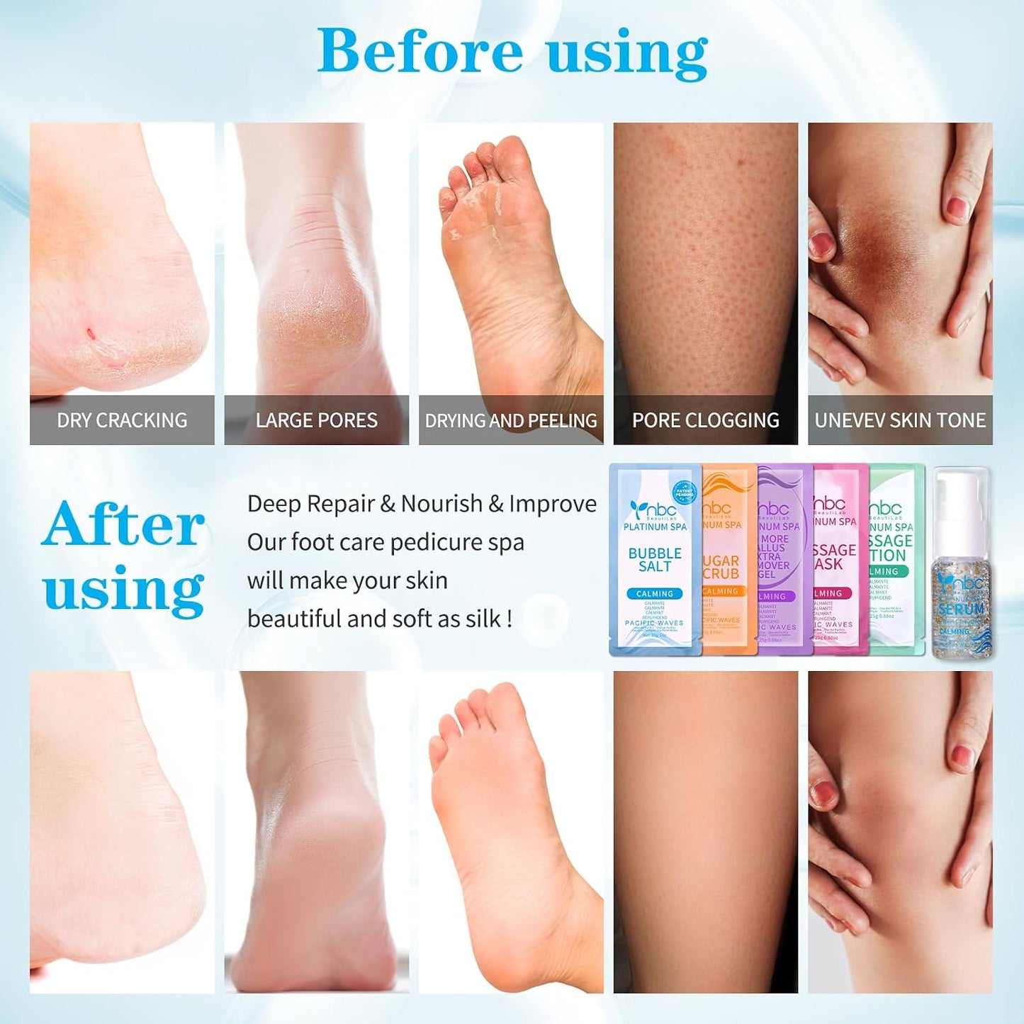 Pedicure Kit Foot Soak Set: Bubble Salt, Sugar Scrub, Massage Mask, Massage Lotion in a Box, 4 Step Foot Spa Kit for Dry Feet, Softens Calluses, Tired Feet（3 Set Lavender) - Colors A