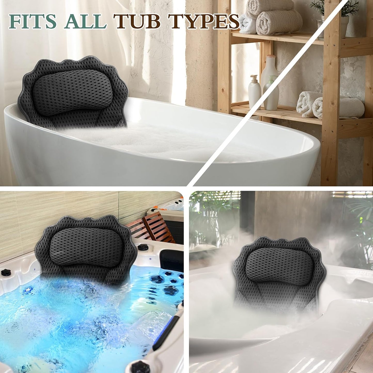 Bath Pillow RUVINCE Ergonomic Luxury Bathtub Pillow with Head,Neck, Shoulder and Back Support, 4D Bath Pillows for tub with 6 Powerful Suction Cups, Fits All Bathtub