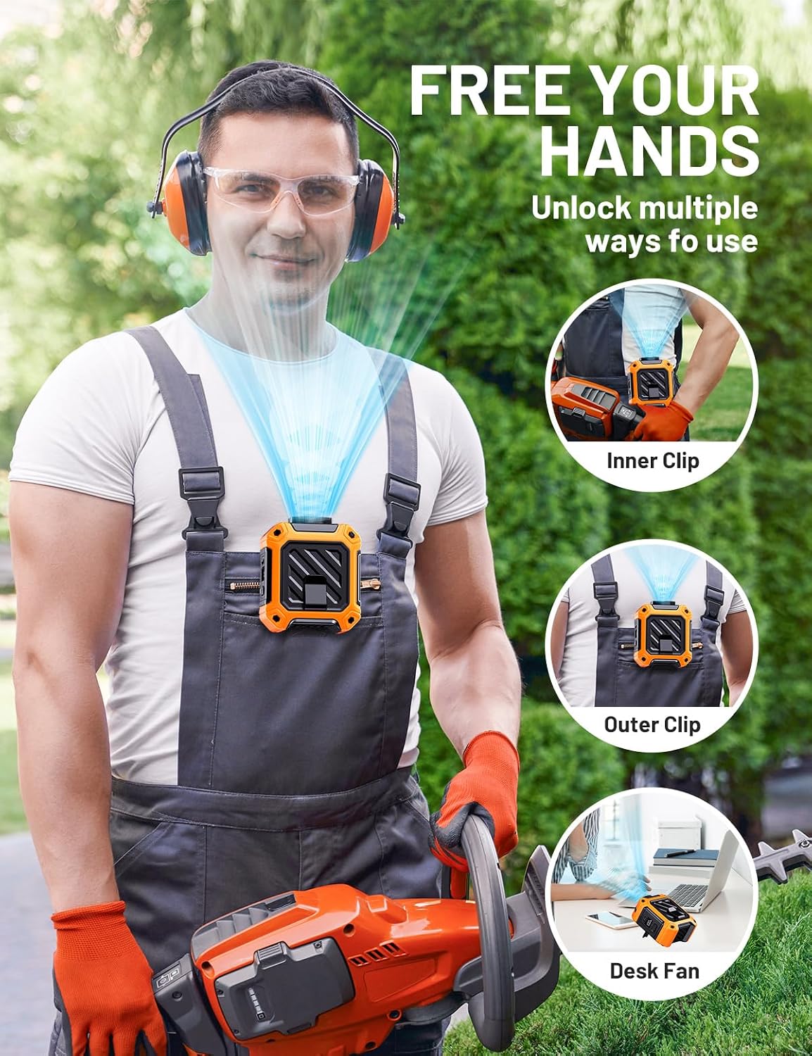 Portable Waist Fan with 10000mAh Battery, 5 Speeds, 130° Wide Angle Airflow, Hands-Free Clip-on for Outdoor Work, Hiking, Camping (orange)
