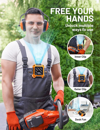 Portable Waist Fan with 10000mAh Battery, 5 Speeds, 130° Wide Angle Airflow, Hands-Free Clip-on for Outdoor Work, Hiking, Camping (orange)