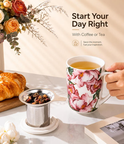 AmorArc Porcelain Tea Mug with Infuser and Lids, 18 Oz Large Cup Strainer with Bag Holder for Loose Leaf Tea, Steeping Coffee Mug for House-warming Wedding Birthday Gift