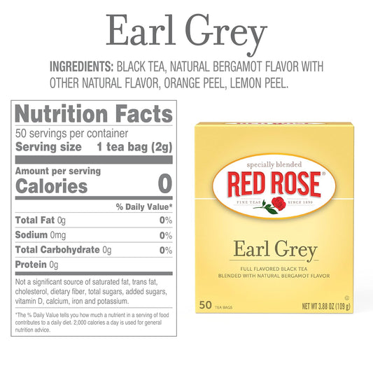 Red Rose Earl Grey Black Tea, Blended with Natural Bergamot, 50 Ct, 6 Pack