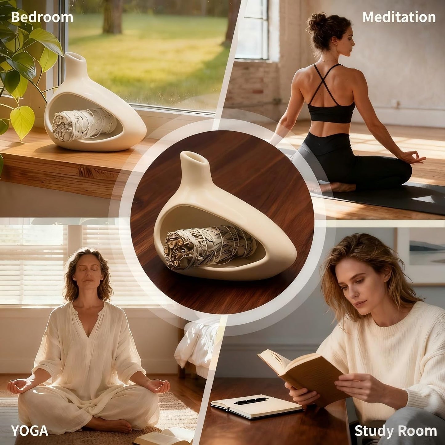 Palo Santo Holder, Ceramic Incense Burner for Sticks Sage Holders Cone Burning Smudge Bowl with Ash Brush for Meditation Yoga Spa Room Decor (White)
