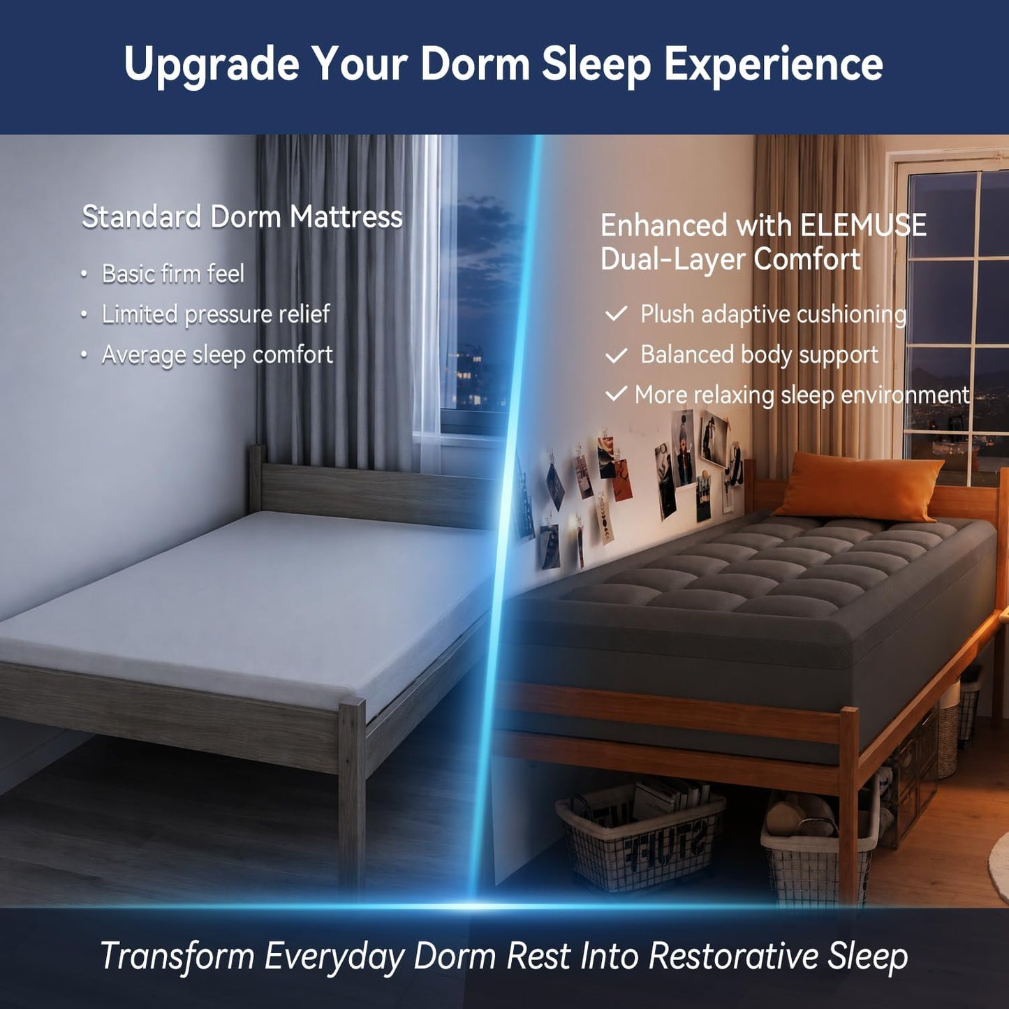ELEMUSE Twin XL Dorm Dual Layer 3 Inch Memory Foam Mattress Topper for College, Dorm Room Essentials, 2 Inch Cooling Gel Foam and 1 Inch Soft Pillow Top Bed Pad,Back to School Comfortable Support