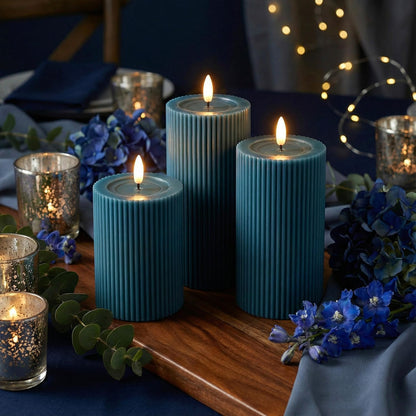 Ribbed Fluted Real Wax Flameless LED Pillar Candles, Loden Sage Olive Green, Melted-Wax Top Look, Flickering Flame, Battery Operated, Remote & Timer, Shelf & Wedding Decor (Set of 3)