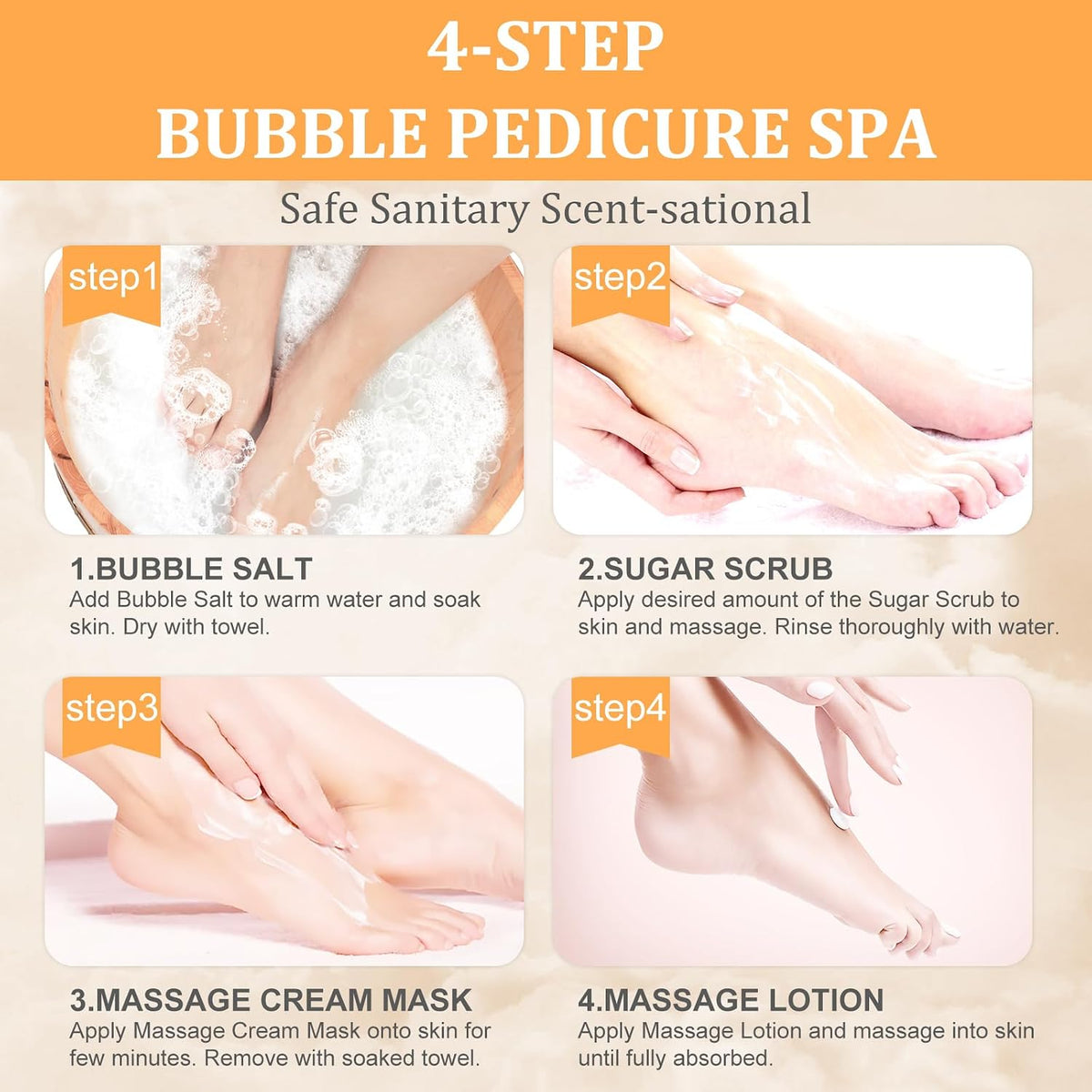Pedicure Kit Foot Soak Set: Bubble Salt, Sugar Scrub, Massage Mask, Massage Lotion in a Box, 4 Step Foot Spa Kit for Dry Feet, Softens Calluses, Tired Feet（ Lavender) - Colors B