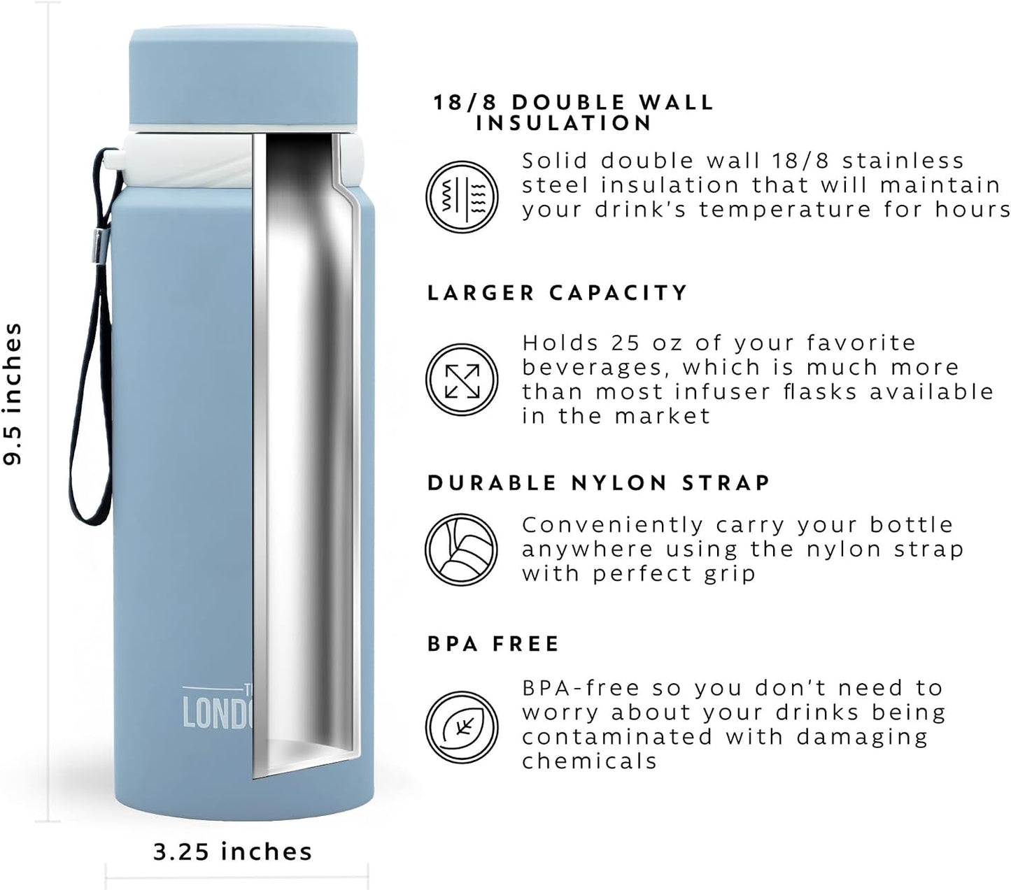 London Sip 25 oz Multi-Function Travel Mug and Tumbler Tea Infuser Water Bottle Fruit Infuser Flask Hot and Cold Double Wall Stainless Steel Coffee Thermos, Zen Black