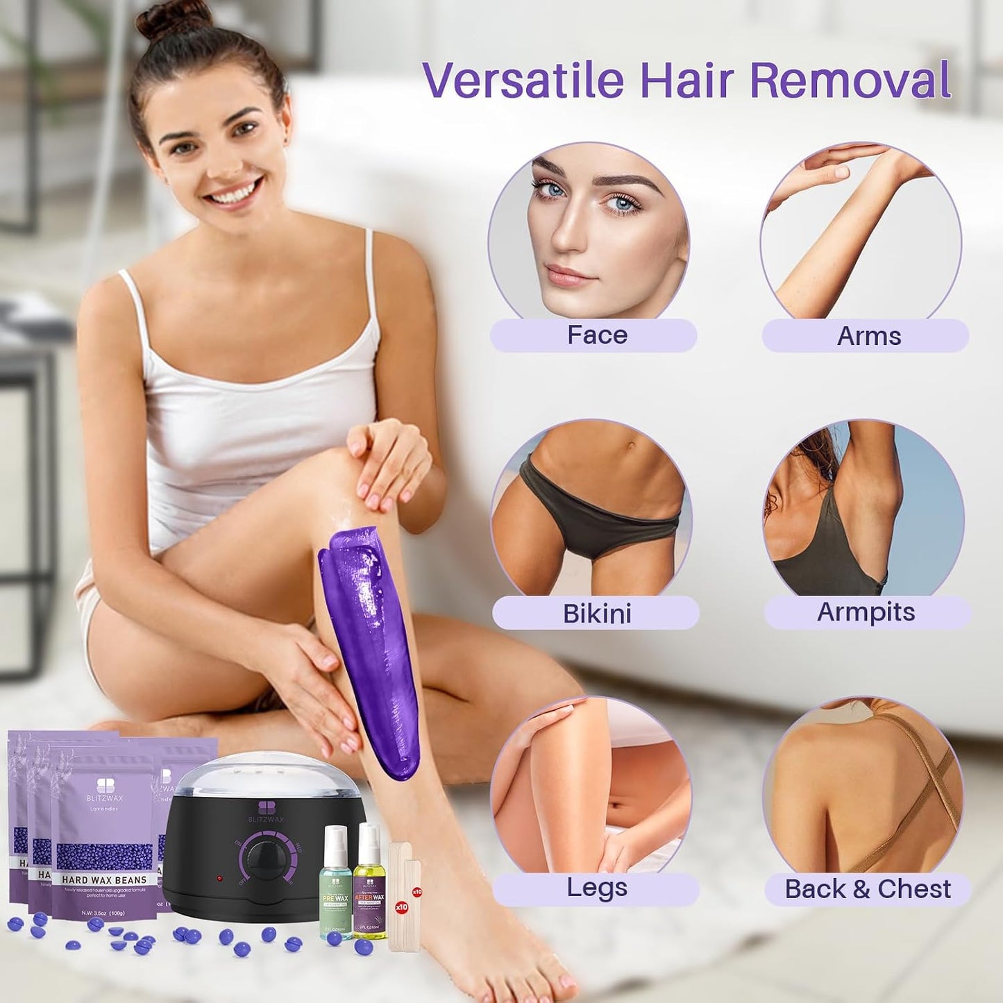 BLITZWAX Brazilian and Bikini Waxing Kit for Women, Hard Wax Warmer for Face, Legs and Body, At Home Hair Removal Kit, Beginner Friendly, Digital Fast Heating, 51 Wax Items