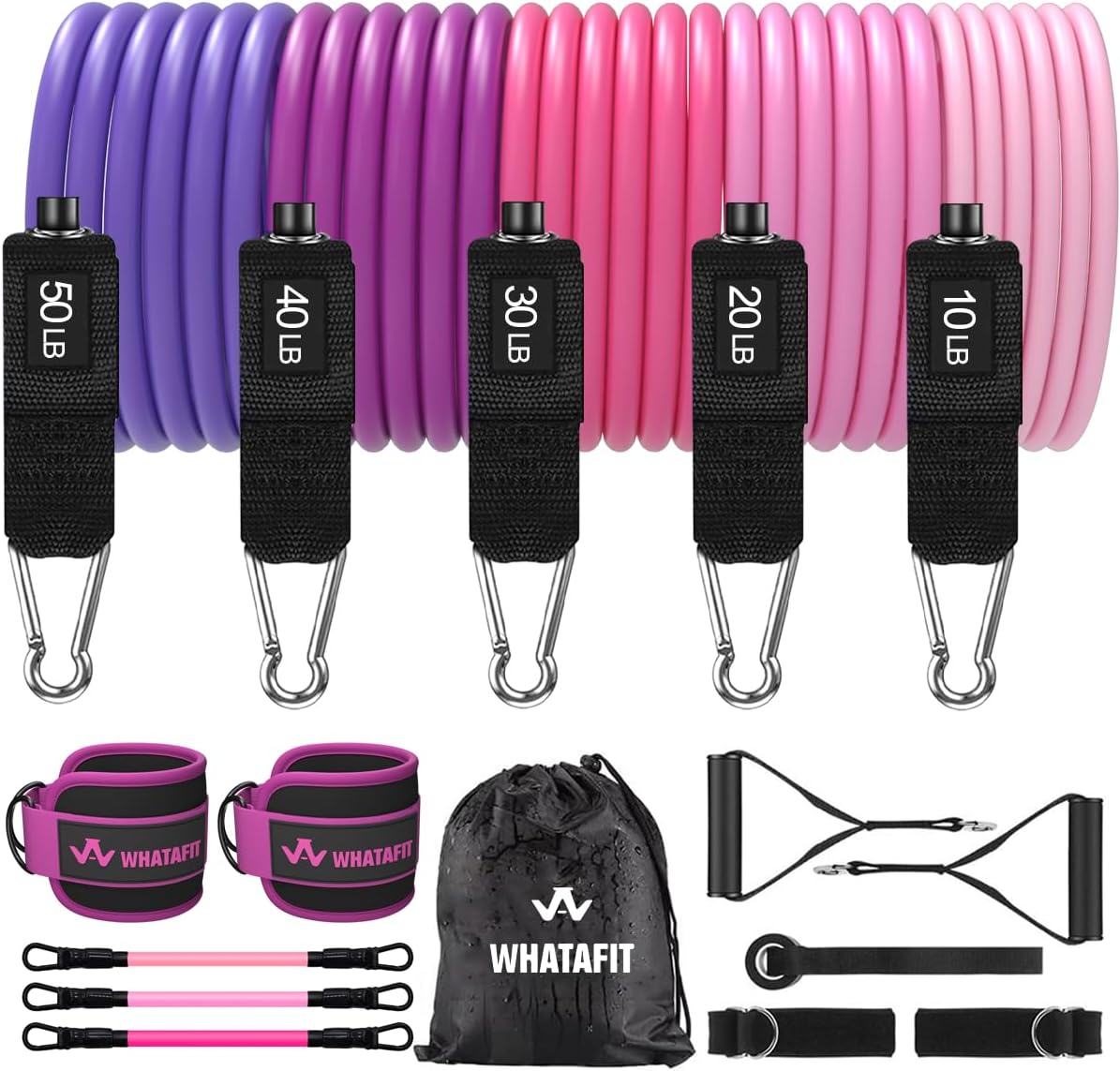 WHATAFIT Resistance Bands, Exercise Bands, Workout Bands with Handles, Door Anchor and Ankle Straps, 5 Resistance Levels Fitness Bands for Strength Training, Physical Therapy, and Home Gym Equipment