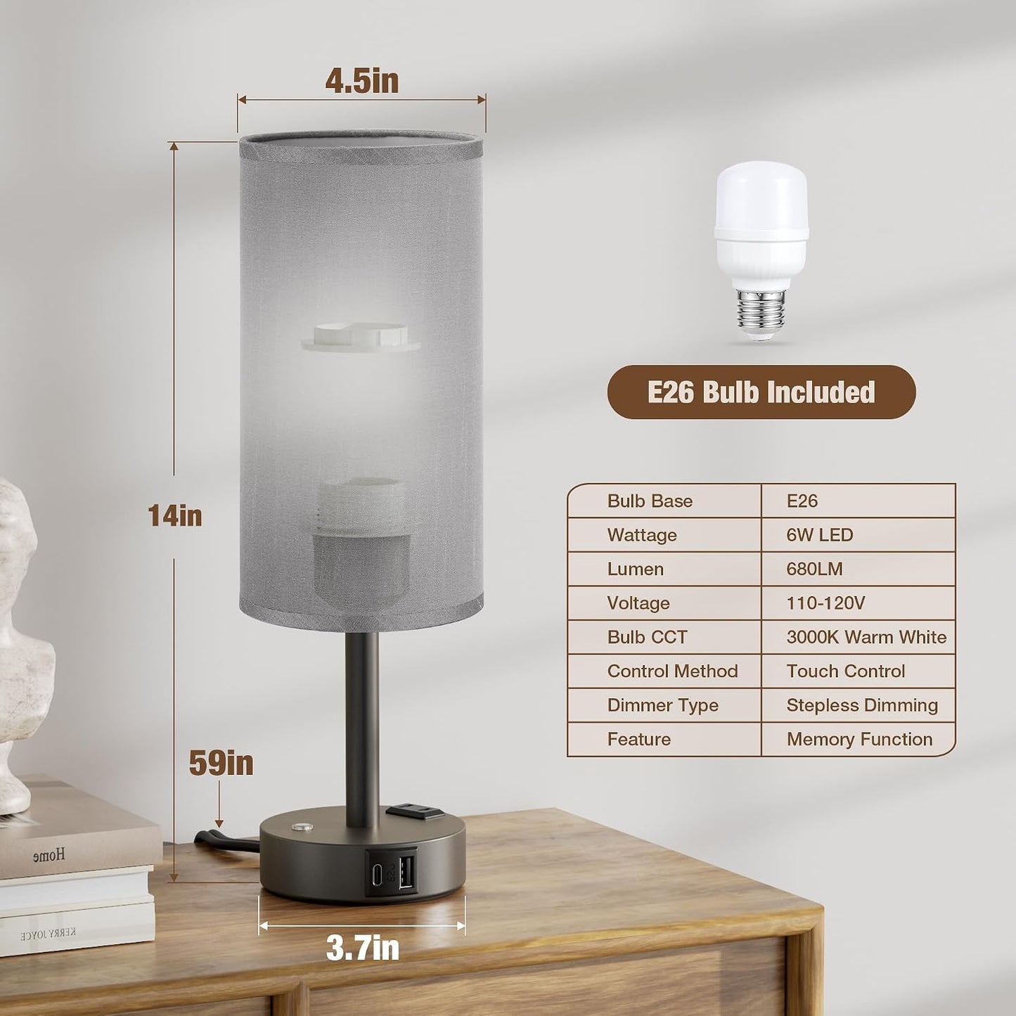 Touch Bedside Table Lamp with Memory - Stepless Dimmable Lamp for Bedroom, Small Nightstand Lamp with Dual USB Charging Ports and AC Outlet, Wood Night Light, Desk Lamp for Nursery, Living Room, Dorm