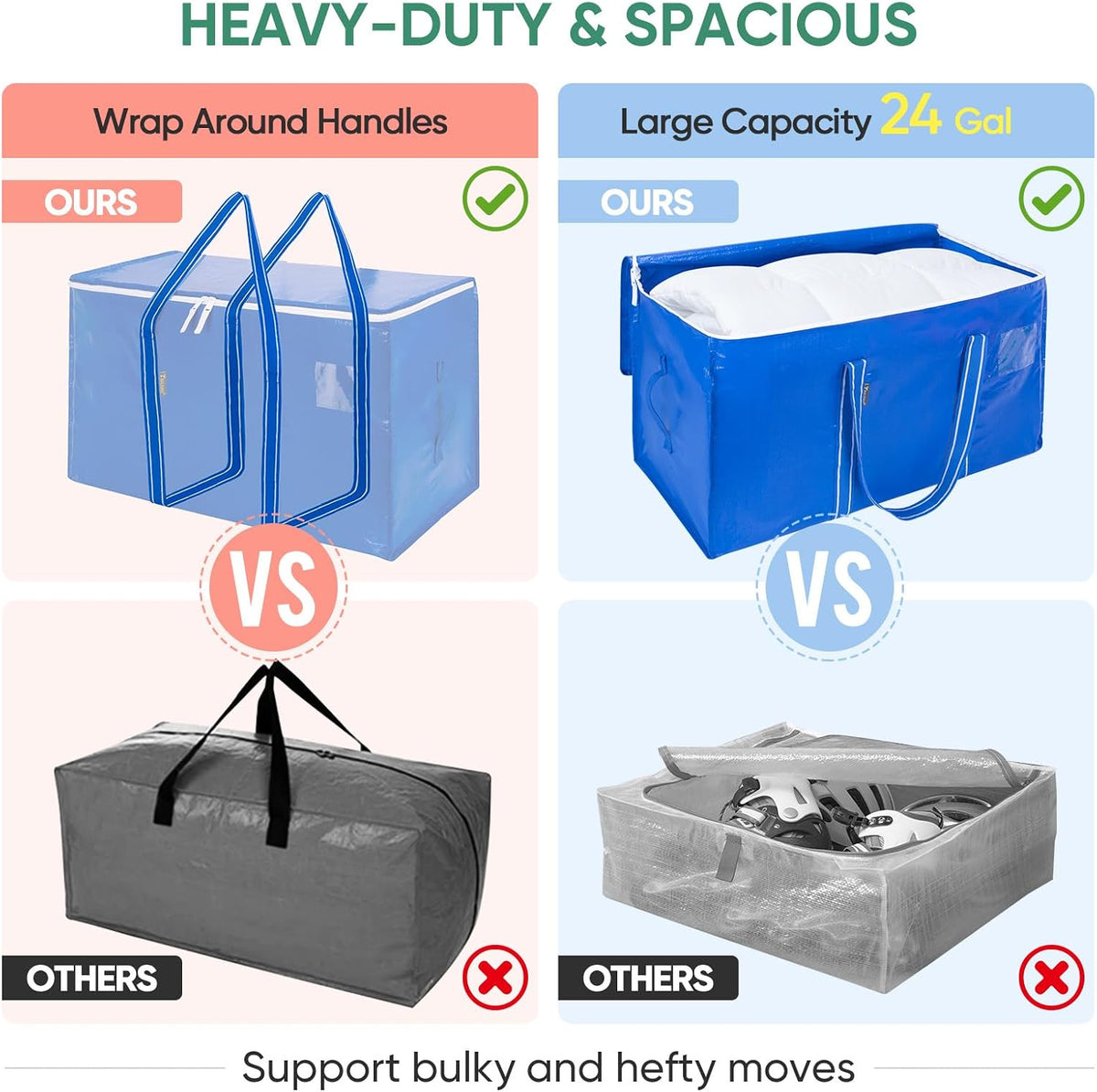 BALEINE Oversized Moving Bags with Reinforced Handles, Heavy-Duty Storage Tote for Clothes, Moving Supplies (Clear)