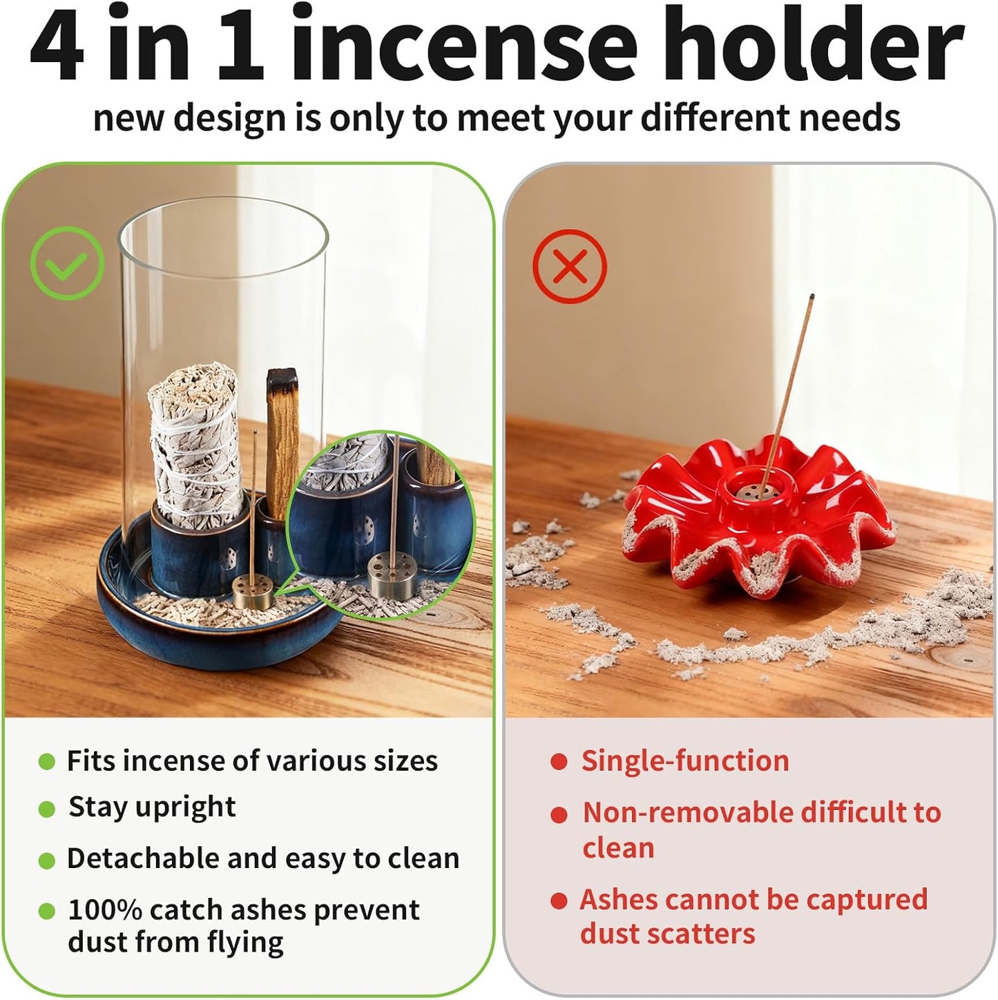 4 in 1 Incense Holder, Ceramic Base, Glass Cover Anti Ash Flying