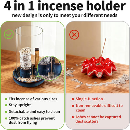 4 in 1 Incense Holder, Ceramic Base, Glass Cover Anti Ash Flying