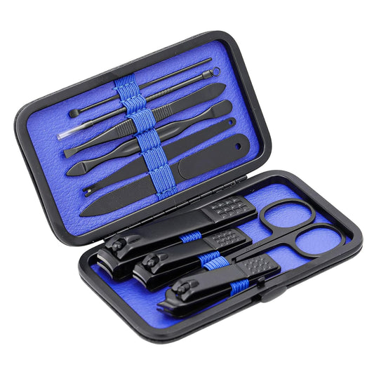Glamne Manicure Set Nail Clippers Kit Professional Stainless Steel Nail Care Tools with Leather Travel Case 10 in 1 Black