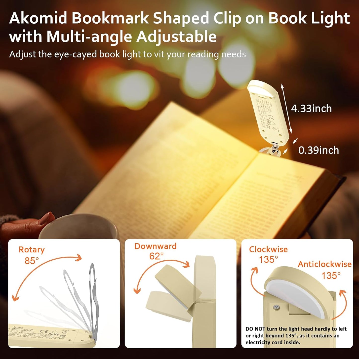 Akomid USB Rechargeable Book Light for Reading in Bed, 8 LEDs Bookmark Style Clip on, Eye-Cared Amber Light Mode for Kids, Blue Light Blocking, Stepless Dimming,Khaki