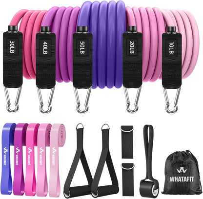 WHATAFIT Resistance Bands, Exercise Bands, Workout Bands with Handles, Door Anchor and Ankle Straps, 5 Resistance Levels Fitness Bands for Strength Training, Physical Therapy, and Home Gym Equipment