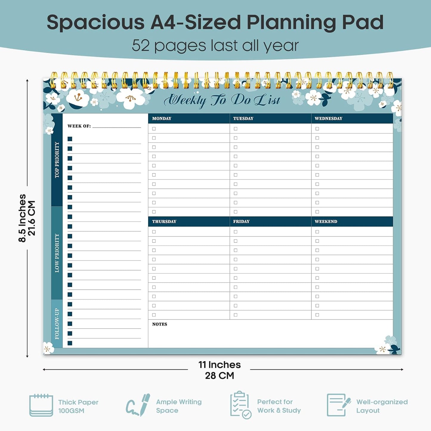 Taja Weekly To Do List Notepad with 52 Undated Sheets（8.5"×11"）- Weekly Desk Planner for Women & Man, Work and Home -1 Pack Violet Dream
