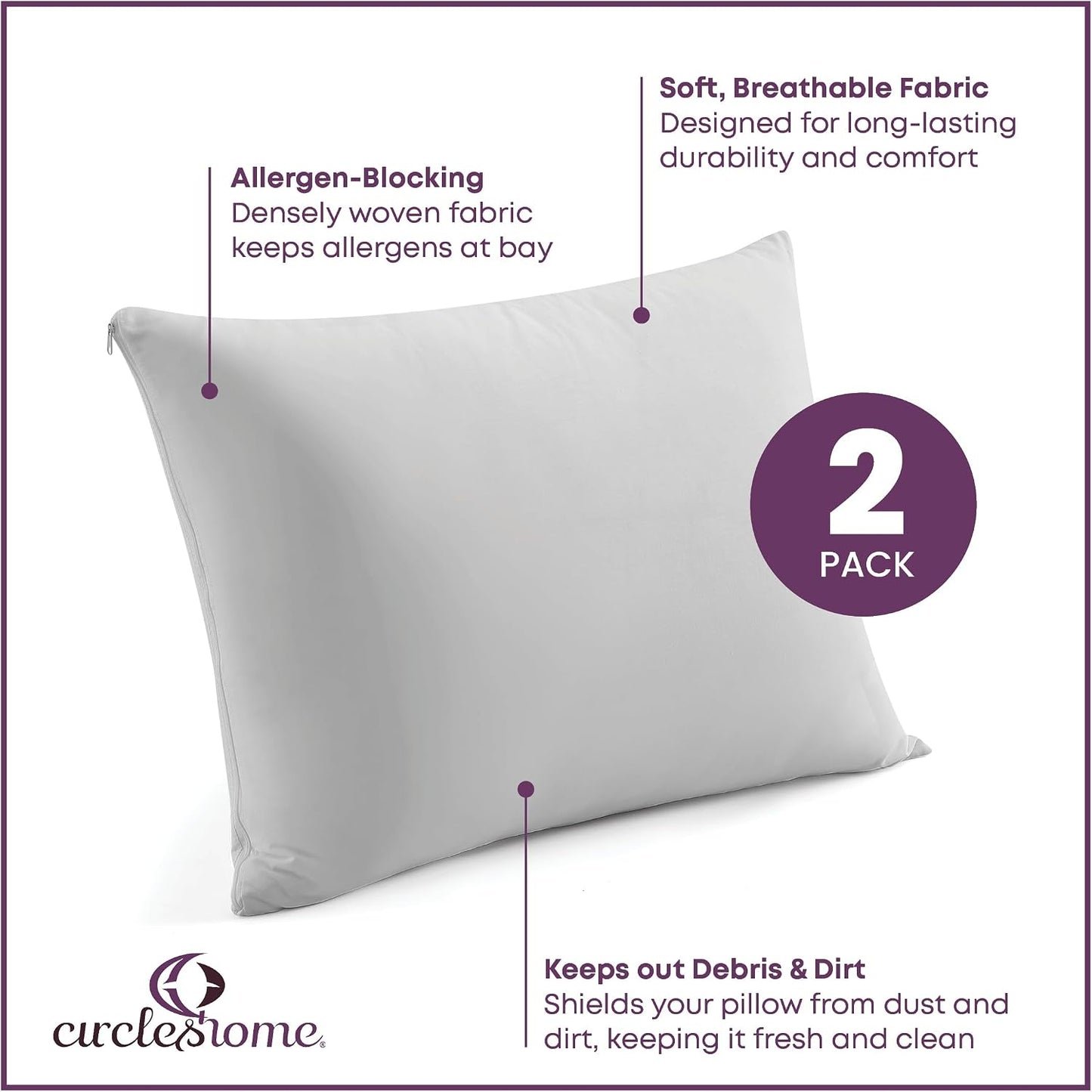 CirclesHome Pillow Protectors 4 Pack Standard Zippered - 100% Cotton Breathable Pillowcases - Protects Pillows from Dirt, Dust and Debri (Standard - Set of 4 - 20x26)