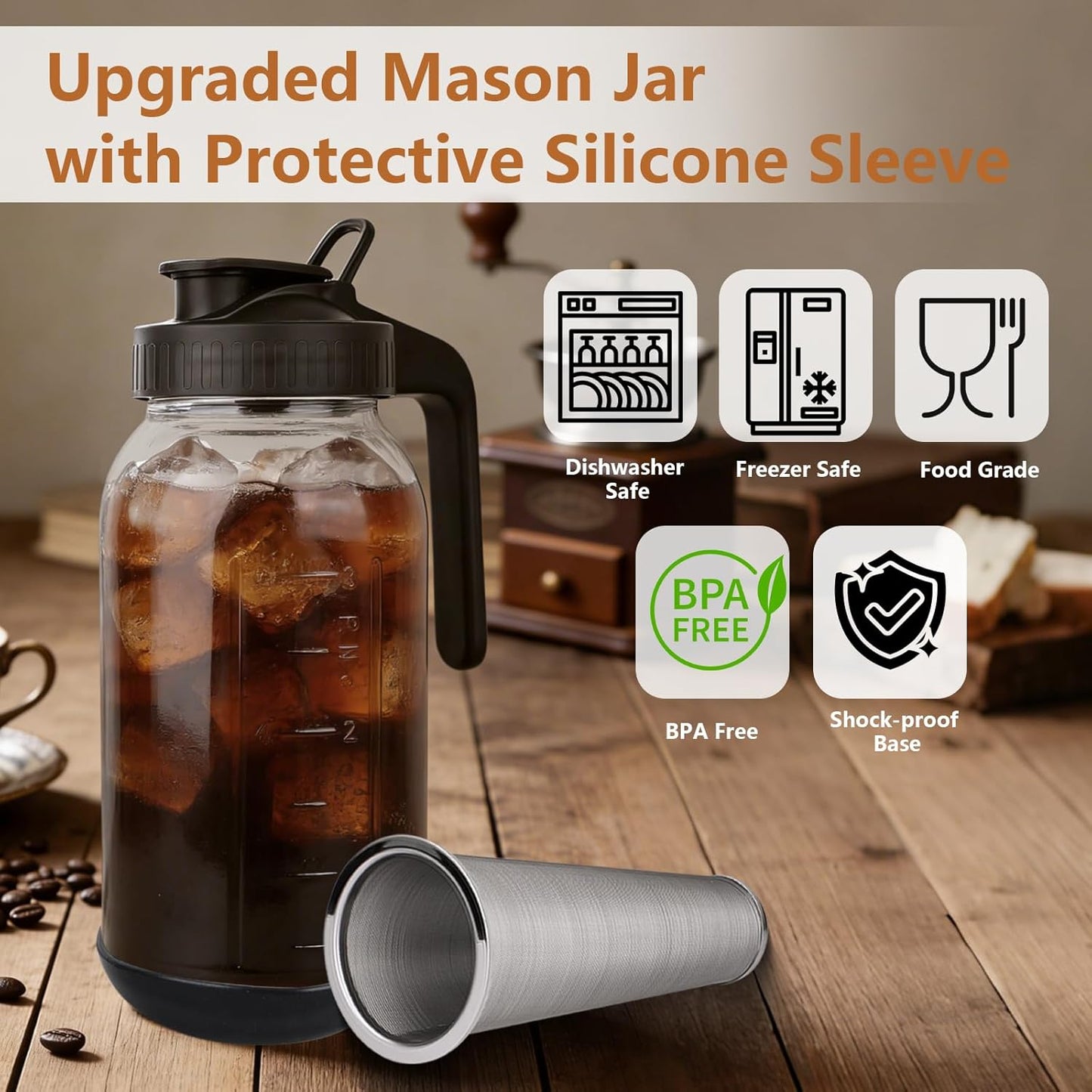 Cold Brew Coffee Maker,64 oz Mason Jar Pitcher with Stainless Steel Filter, Pour Spout Handle Lid, Heavy Duty Glass Airtight & Leak-Proof for Iced Coffee,Tea & Lemonade