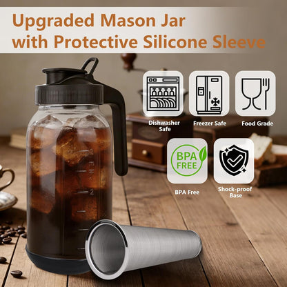 Cold Brew Coffee Maker,64 oz Mason Jar Pitcher with Stainless Steel Filter, Pour Spout Handle Lid, Heavy Duty Glass Airtight & Leak-Proof for Iced Coffee,Tea & Lemonade