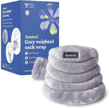 ASUTRA Weighted Neck Wrap, Plush Gray, Microwaveable Heating Pad for Neck and Shoulders, Hot and Cold Compress, Lavender Aromatherapy