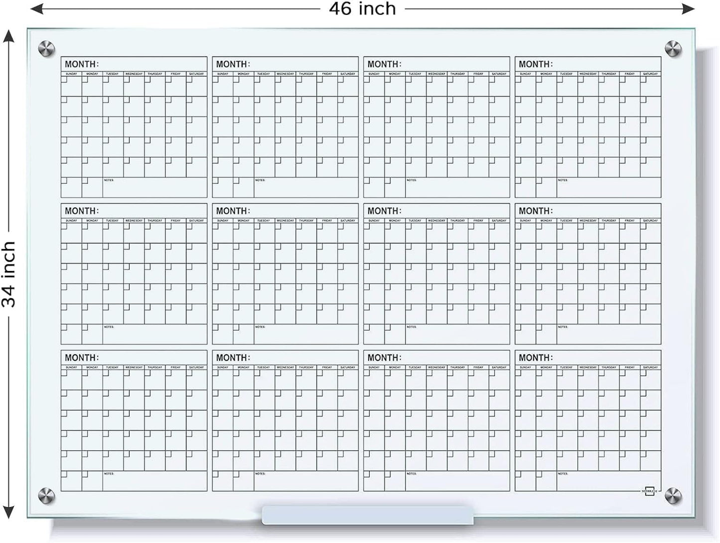 Magnetic 34”x46” Glass Whiteboard Calendar Yearly Dry Erase Planner for Wall Large Glass Whiteboard Calendars for Home and Office