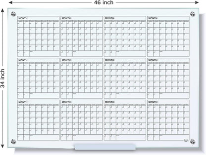 Magnetic 34”x46” Glass Whiteboard Calendar Yearly Dry Erase Planner for Wall Large Glass Whiteboard Calendars for Home and Office