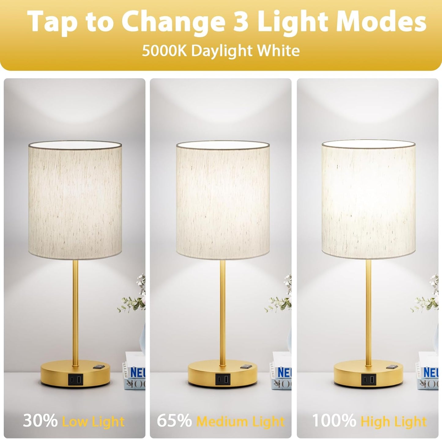 Blue Touch Lamps for Nightstand Set of 2 - Bedside Table Lamp for Bedroom with Dual USB Ports & AC Outlet, 3-Way Dimmable Lamps for Living Room Boys Room, Night Light with 5000K Daylight Bulbs