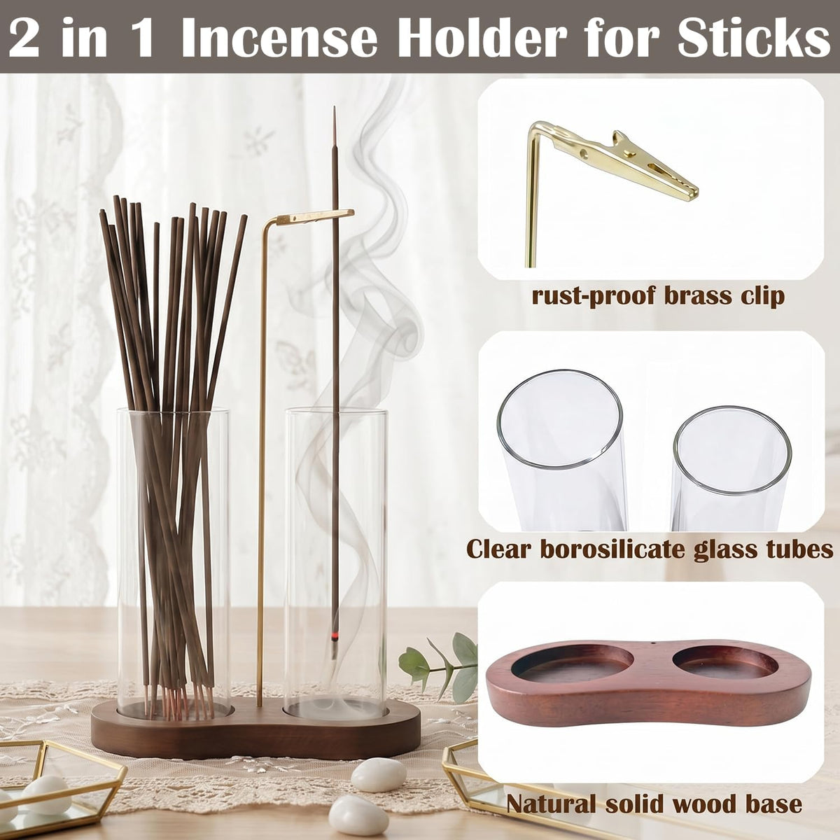 2 in 1 Anti-Ash Incense Holder for Sticks, Upside Down Hanging Incense Burner with Removable Glass Ash Catcher and Wooden Base, Modern Vertical Zen Decor for Home Office Yoga Meditation Room（Clear）