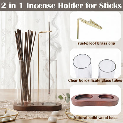 2 in 1 Anti-Ash Incense Holder for Sticks, Upside Down Hanging Incense Burner with Removable Glass Ash Catcher and Wooden Base, Modern Vertical Zen Decor for Home Office Yoga Meditation Room（Clear）