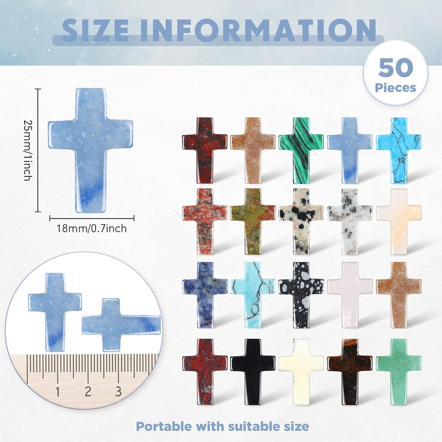 Nuenen 50 Pcs Cross Charm for Women Man Celebration Grad Decor Crystal Pocket Cross Necklace Natural Worry Stone Gift for Jewelry Making Craft Festival Decor(0.71 x 0.98 x 0.24 Inch,Fresh)