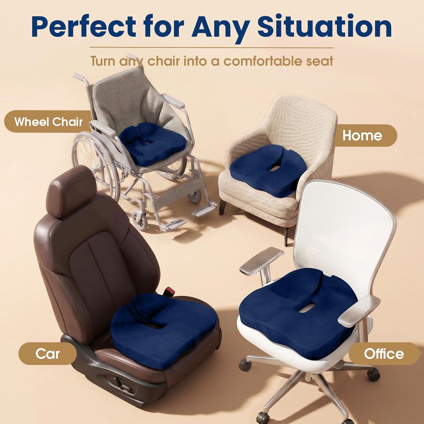 Ergonomic Seat Cushion for Office Chair, Memory Foam Coccyx Cushion for Tailbone Pain Relief, Non-Slip Washable Cover, Pressure Relief Chair Pad for Office, Car, Wheelchair & Home Black