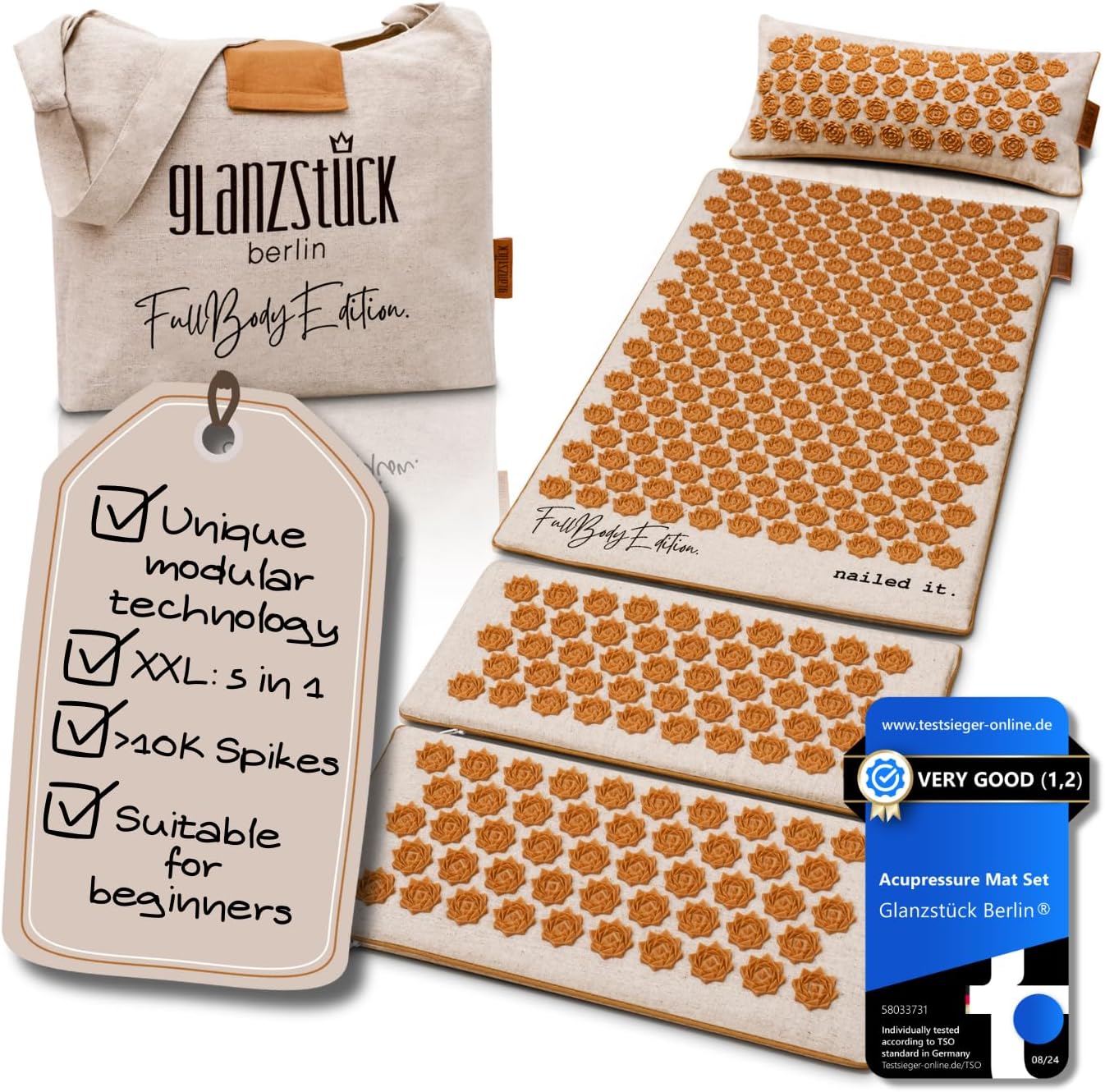 Glanzstück Berlin® Acupressure Mat Set Premium, Beginner Suitable, Made of Linen, Neck and Back Pain Relief, with Pillow (Heat Function) & Bag, Sustainable