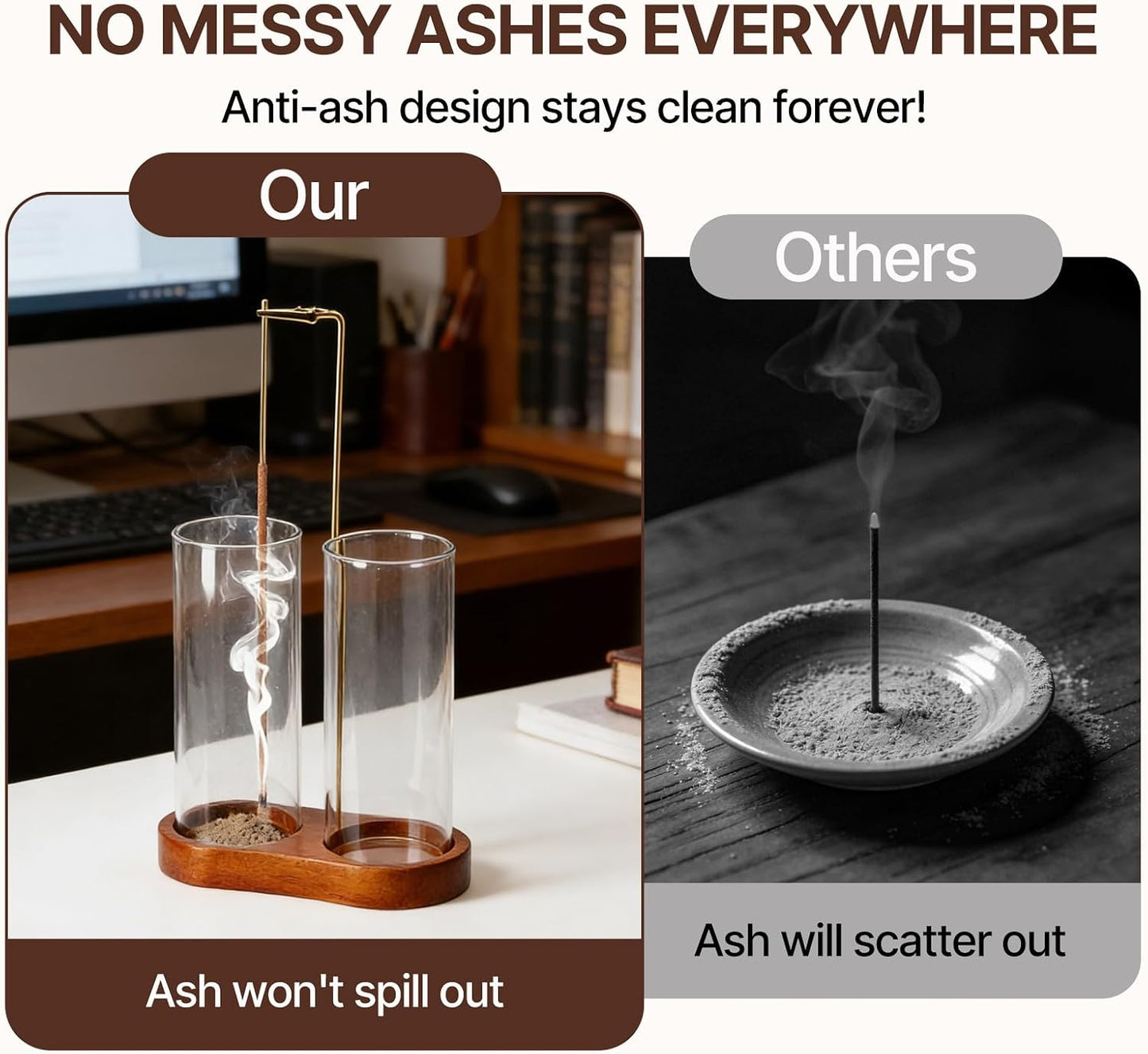 Incense Holder for Sticks with 2 Glass Ash Catchers, Wooden Incense Burner with Cleaning Brush, Anti-Ash Flying Incense Stick Holder for Meditation, Yoga, Spa, Home Decor