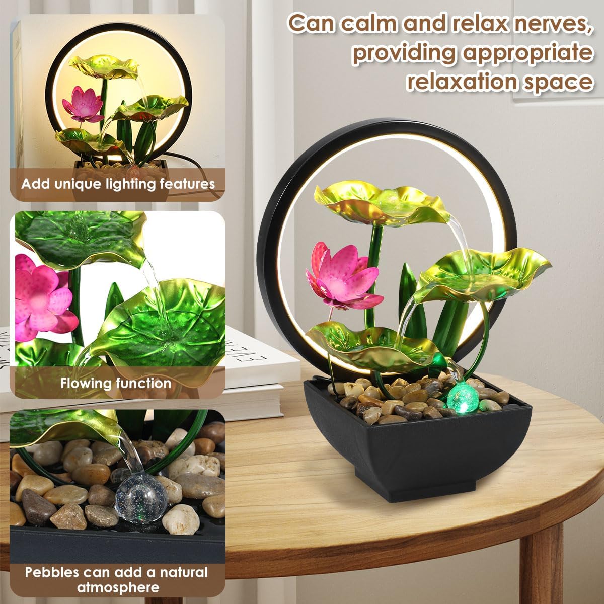 Tabletop Fountain 3-Tiers Leaf,11" Small Waterfall Fountains Indoor Water Fountain with Rocks and Ring Lights,Desktop Fountains for Meditation Relaxation for Bedroom Living Room Office