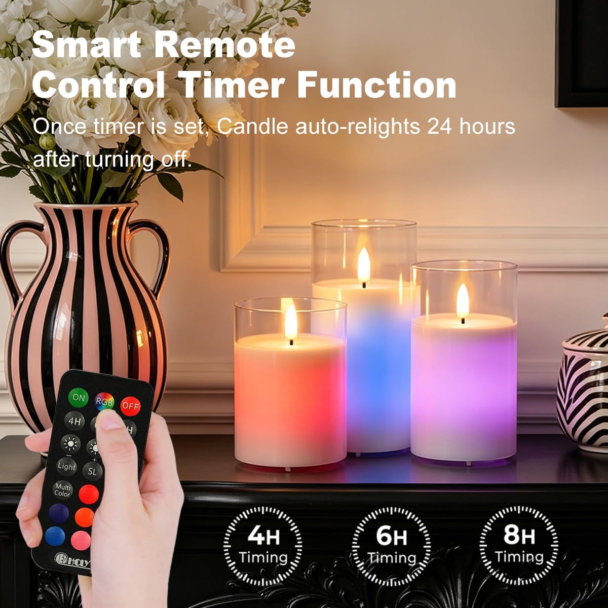 LEDHOLYT Rechargeable Flameless Glass Pillar Candles–Gifts for Women,–Set of 3, Realistic Flickering LED Flame,Remote & Timer, Ideal for Living Room, Bedroom & Halloween Festival Home Party Decor
