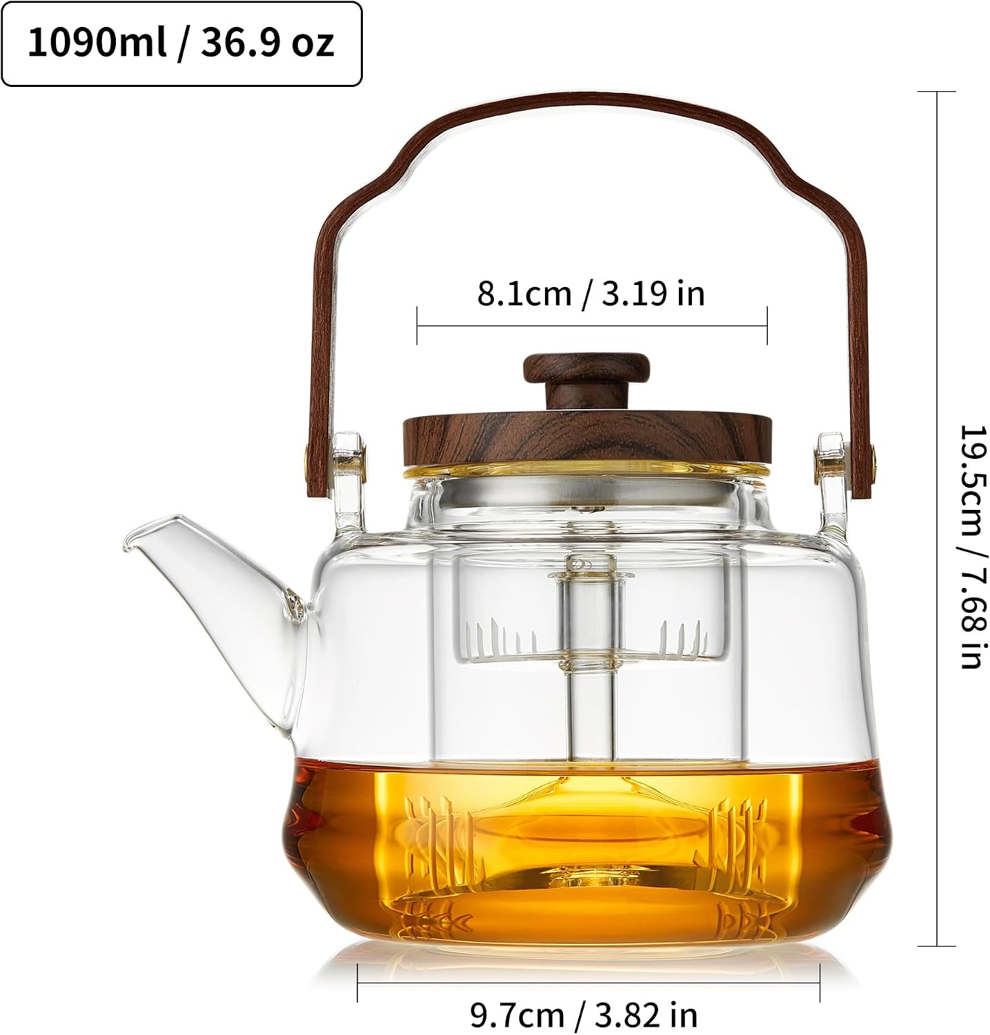 Glass Teapot with 2 Infusers, Heat Borosilicate Glass, Stovetop Safe Tea Kettle, Glass Tea Pot with Infuser and Lid for Loose Tea, 1090ml/36.9oz