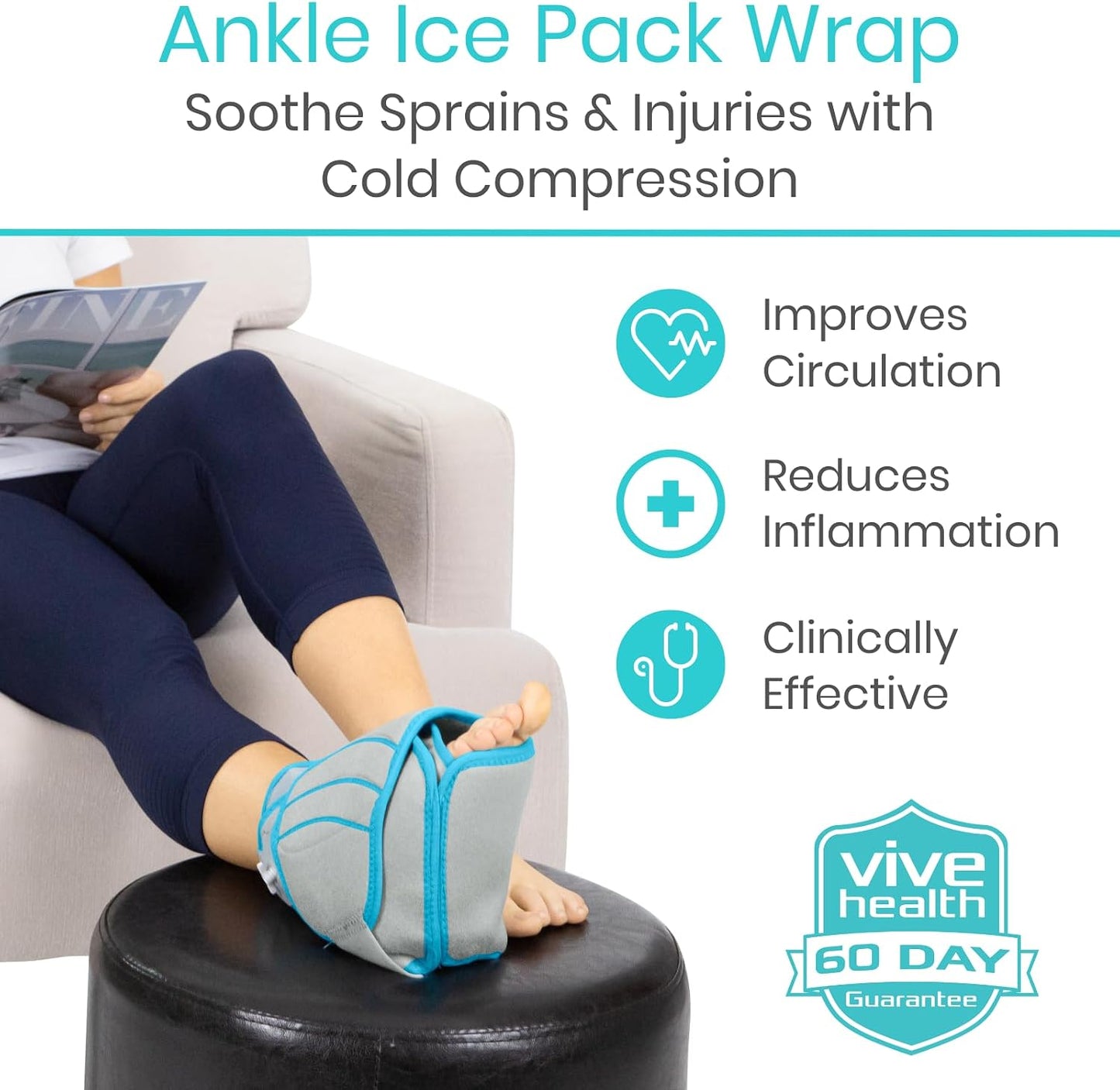 Vive Compression Ankle Ice Pack Wrap for Foot Pain Relief - Soft Cold Brace for Recovering Injuries - Support for Swelling, Sprains, & Fractures - Filled with Reusable Gel, Fits Small & Large Feet