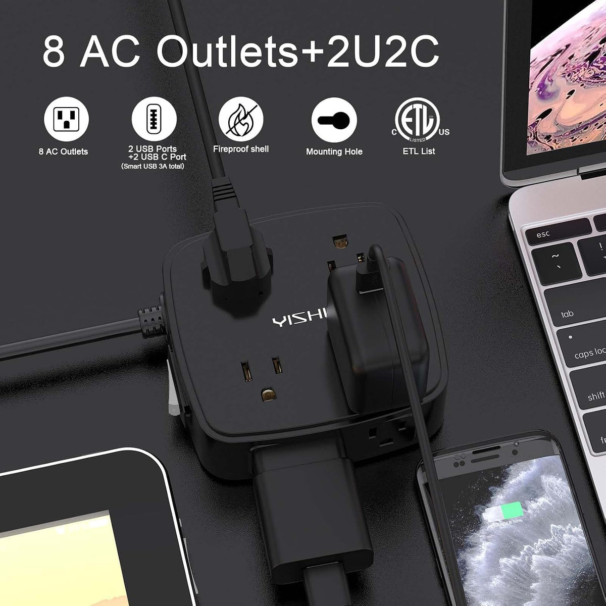 YISHU 6Ft Surge Protector Power Strip with 8 Widely Outlets & 4 USB Ports