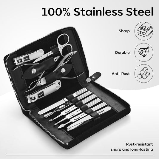 FAMILIFE Gifts for Women, Manicure Set Professional Manicure Kit 11 in 1 Nail Kit Nail Clippers Tools Stainless Steel with Rose Gold Leather Case Travel Sets