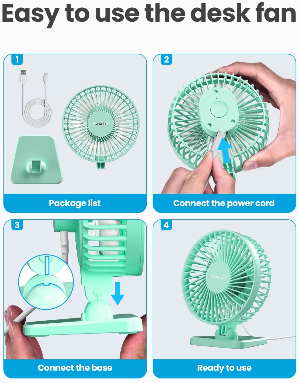 Gaiatop USB Desk Fan, Small But Powerful, Personal Portable Quiet 3 Speeds, Adjustable Mini Table Desktop fan for Cooling Home Office Car Summer Travel Gifts Blue