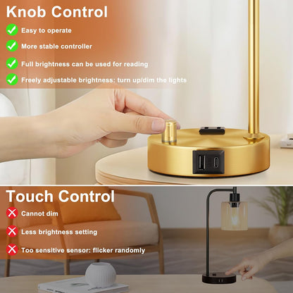 Industrial Table Lamps for Bedrooms Set of 2 - Fully Dimmable Bedside Lamps with USB A and C Ports and Outlet, Black Nightstand Lamps with Glass Shade for Living Room, Desk Lamps for Office Reading