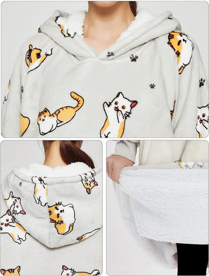 KFUBUO Wearable Blanket Hoodie for Adults Sherpa All Patterns Cat Oversized Sweatshirt Blanket with Pockets for Women