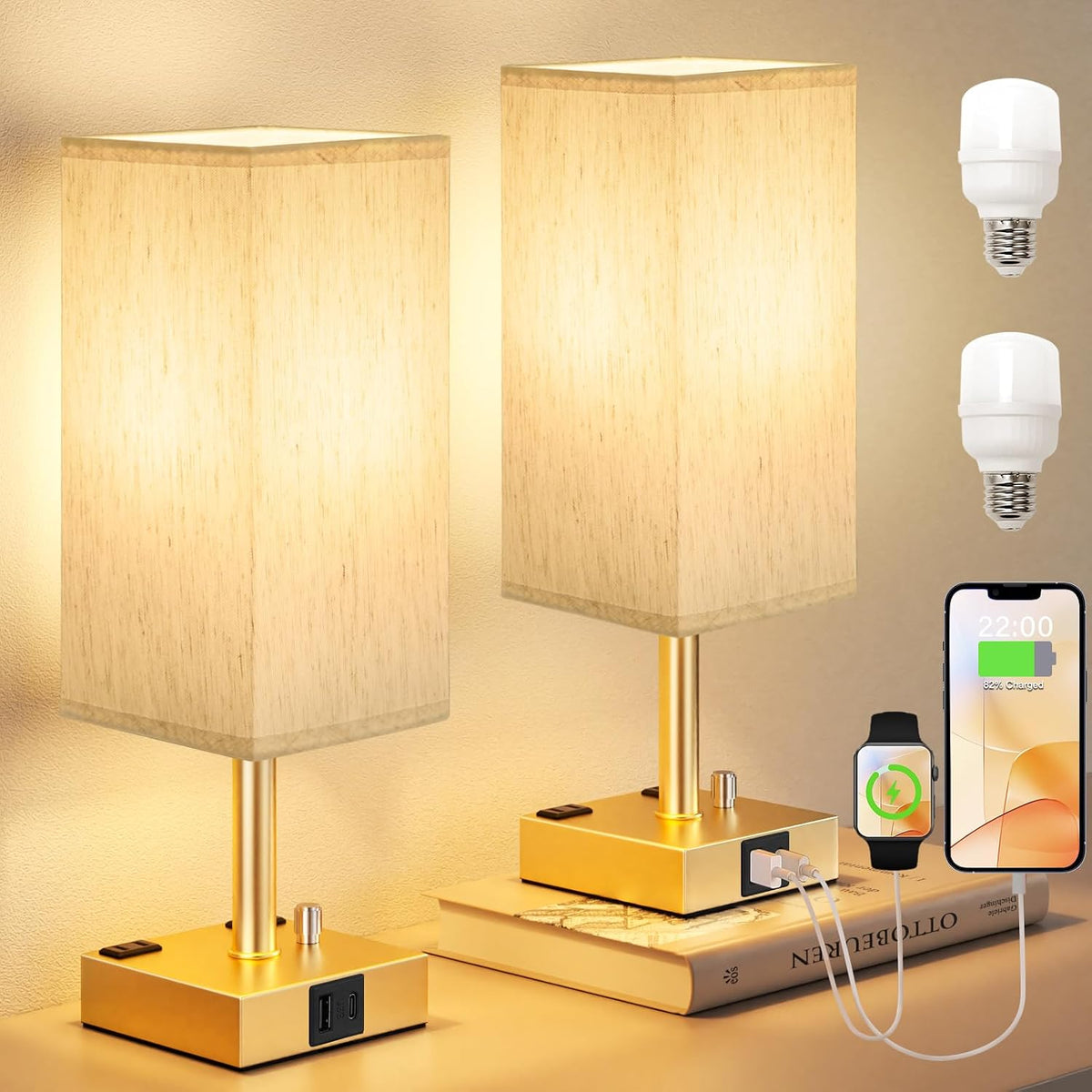 Bedside Table Lamps Set of 2 for Bedroom - Dimmable, USB C+A, 2 AC Outlets