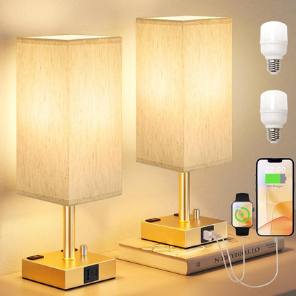 Bedside Table Lamps Set of 2 for Bedroom - Dimmable, USB C+A, 2 AC Outlets