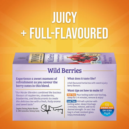 Twinings Wild Berries Herbal Tea Individually Wrapped Bags, 20 Count (Pack of 6), Full-Flavoured, Naturally Caffeine-Free, Enjoy Hot or Iced, 120 Teabags
