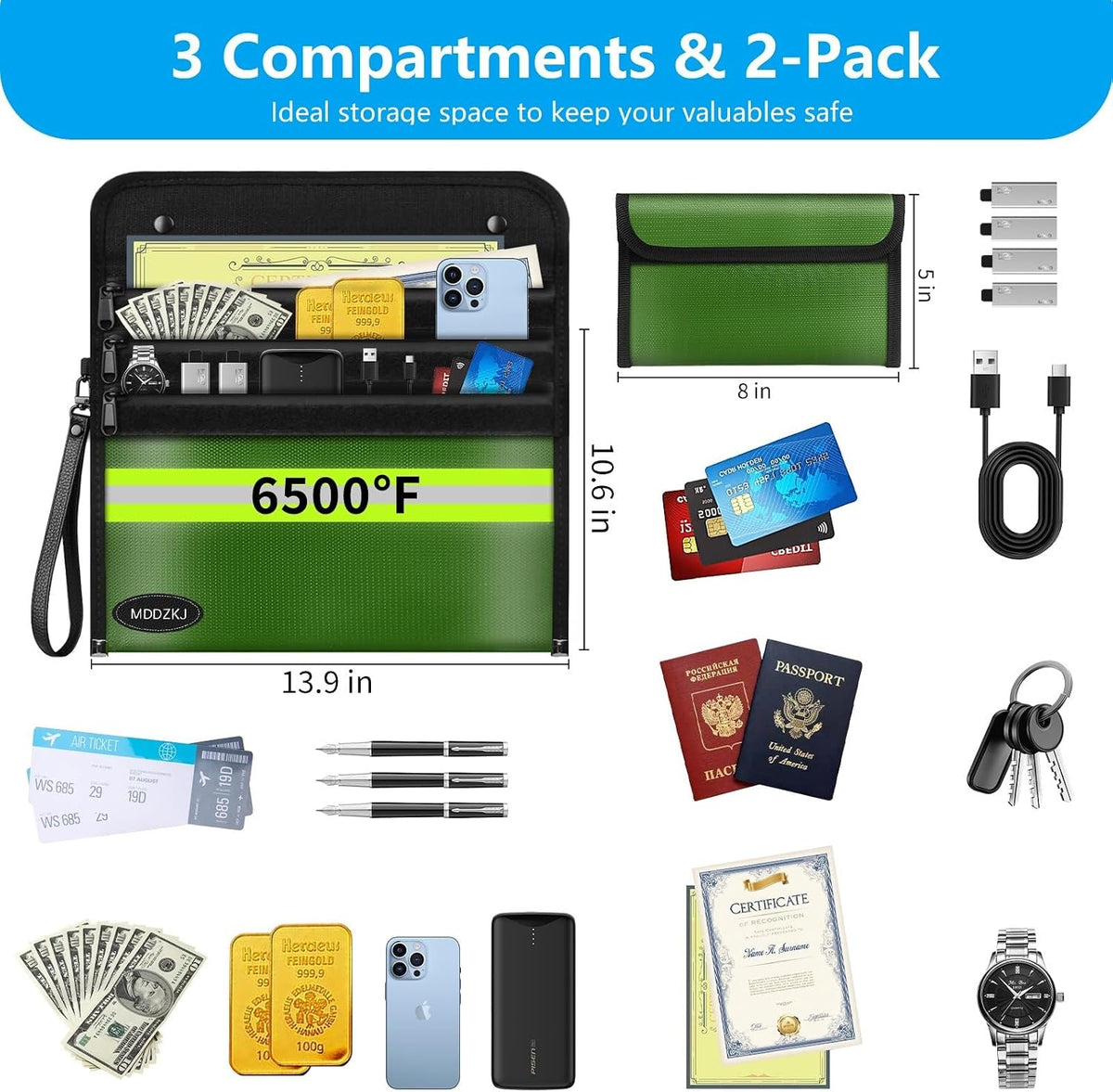 6500℉ Upgraded Fireproof Cash Bag (11.2x7.7 inch) with 2 Pockets,Small Fireproof Safe with 2 Zipper,Storage Cash,Legal Documents Safe,10 Layers of Heat Insulated Materials(2 Pack)