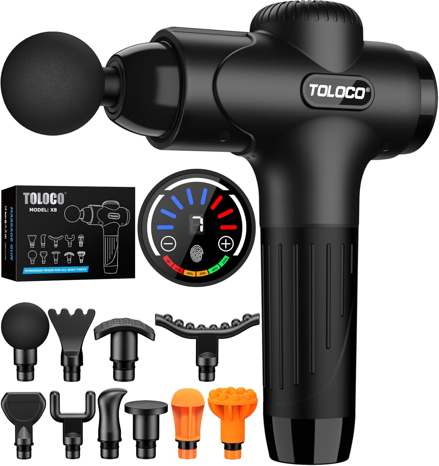 TOLOCO Massage Gun, Back Massager 10 Replacement Head for Pain Relief Deep Tissue, Percussion Massage Guns 7 Speed Level Super Quiet Electric Massager Fathers Day Dad Gifts, Carbon