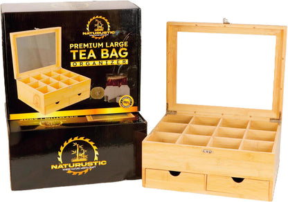 Naturustic Large Bamboo Tea Bag Box Organizer Storage Box, Tea Bag Holder with 2 Drawers & 12 compartments with acrylic Window, Caja de te, Caddy para te Ideal Christmas Gifts