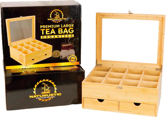 Naturustic Large Bamboo Tea Bag Box Organizer Storage Box, Tea Bag Holder with 2 Drawers & 12 compartments with acrylic Window, Caja de te, Caddy para te Ideal Christmas Gifts